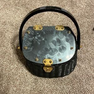 Vintage, black, lucite lid and handle, woven purse